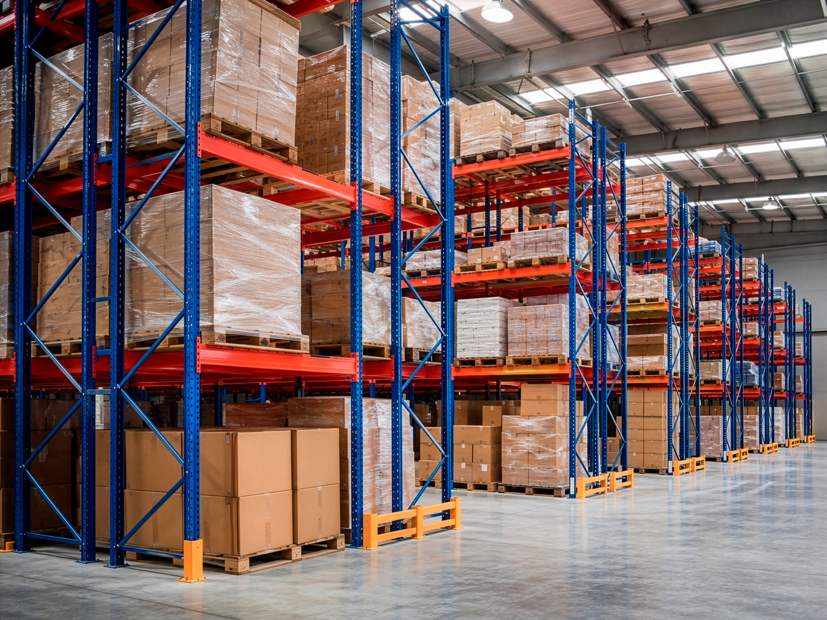 Sistema de racks industriales con pallets almacenados en altura y pasillo logístico despejado